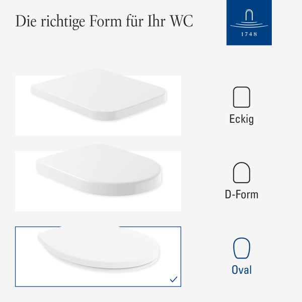 Villeroy und Boch Logo und Übersicht verschiedener WC-Sitz-Formen wie eckig, D-Form und oval zur Findung der passenden Form für das WC.