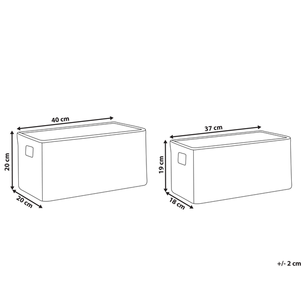 Abbildung der Abmessungen von zwei Aufbewahrungsboxen, eine mit den Maßen 40 x 20 x 20 cm, die andere 37 x 19 x 18 cm