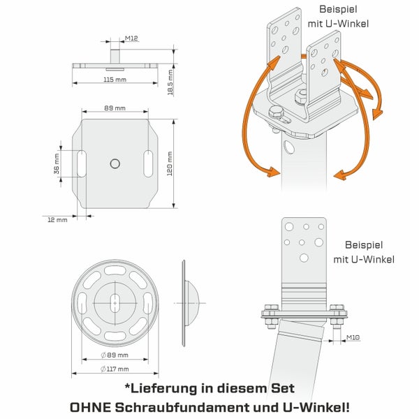 MAXERIO® 8er Adapterplatten-Set TILT für Schraubfundament Bodenhülse Erdanker Erdschraube Einschraubhülse Erdschraubenfundament Bodenanker Schraubanker Fundament für Spielturm Zaun Pfosten Pavillon Schaukel