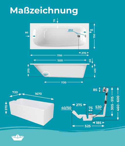 Calmwaters® Premium Badewanne Komplettset 170x75 cm Original, Made in EU, 3in1 Acryl-Badewanne mit Wannenträger & Ablaufgarnitur, Körperformbadewanne, Rechteckbadewanne 170 x 75, 200 l, Weiß, 99000088