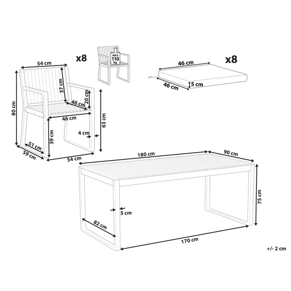 Maßzeichnung Gartenmöbel-Set mit Tisch, acht Stühlen und acht Kissen sowie Abmessungen in Zentimeter und Traglast in Kilogramm.