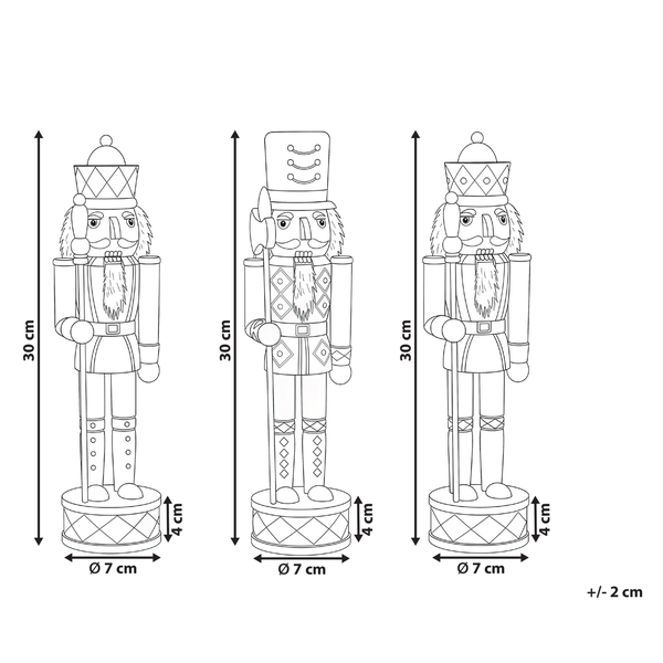 Abbildung von drei Nussknackern mit den Maßen 30 Zentimeter Höhe und 7 Zentimeter Durchmesser