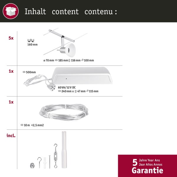 CorDuo Seilsystem Sheela Basisset GU5,3 max. 5x10W 230/12V Chrom matt