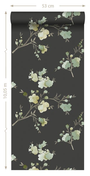 ESTAhome Tapete Kirschblüten Grün, Ockergelb und Schwarz - 53 cm x 10.05 m - 148719