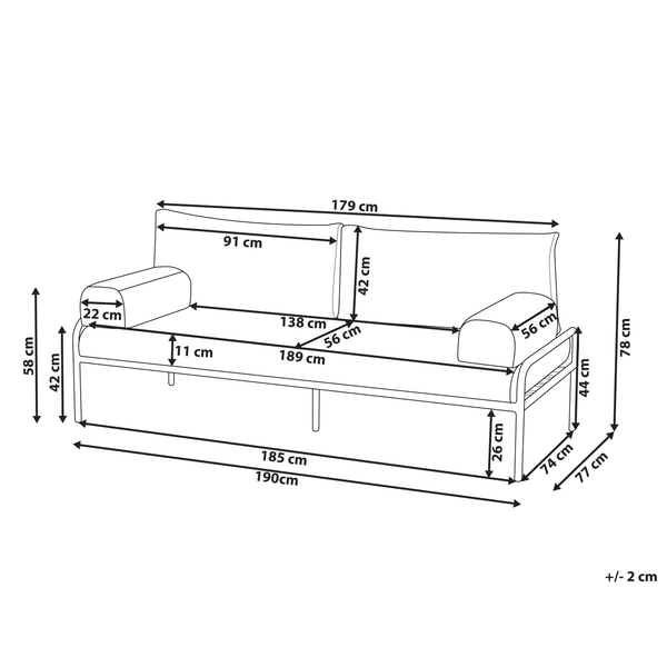 Technische Zeichnung eines Sofas mit Maßangaben in Zentimetern