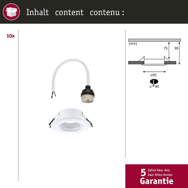 Einbauleuchte 10er-Set starr rund 90mm GU10 max. 10x10W 230V dimmbar Weiß