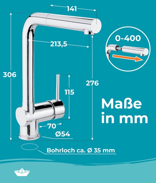 Küchenarmatur aus Chrom mit fließendem Wasser in einem modernen Küchendesign.