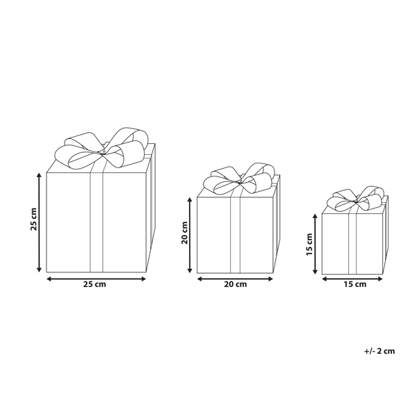 Abbildung von drei Geschenkboxen mit Schleife und Maßangaben.