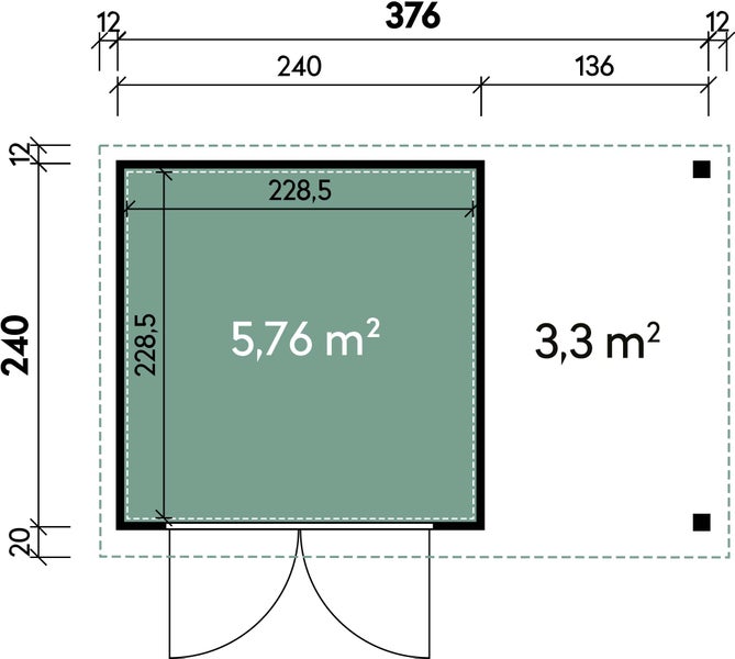 Grundrisszeichnung eines Gartenhauses mit Innenmaß und überdachtem Außenbereich, Maßangaben in Zentimetern und Quadratmetern.