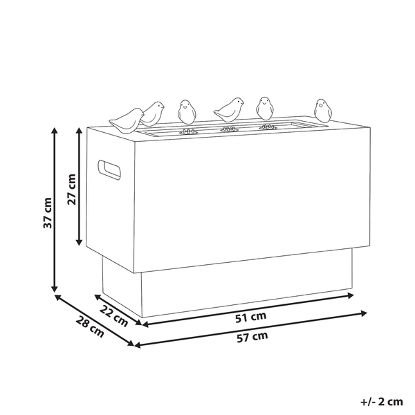 Technische Zeichnung eines Pflanzkübels mit Vogel-Dekoration, Höhe 37 Zentimeter, Breite 57 Zentimeter, Tiefe 28 Zentimeter.