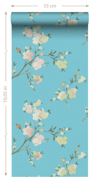 ESTAhome Tapete Kirschblüten Van-Gogh-Blau - 53 cm x 10.05 m - 148753