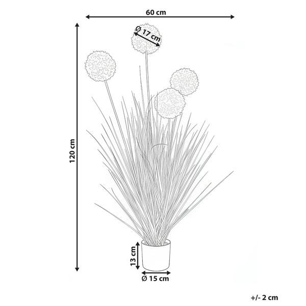 Abbildung einer Kunstpflanze im Topf mit den Maßen: Höhe 120 cm, Breite 60 cm, Topfdurchmesser 15 cm, Topfhöhe 13 cm, Blütendurchmesser 17 cm