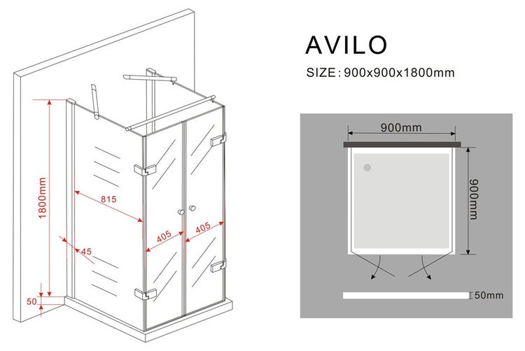 Avilo Duschkabine Abbildung mit Größenangaben