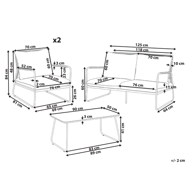 Technische Zeichnung mit Maßen in Zentimeter für ein Garten-Lounge-Set bestehend aus zwei Sesseln, einem Zweisitzer-Sofa und einem Tisch.