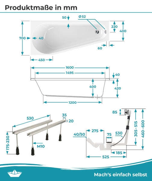 Technische Zeichnung mit Maßangaben in Millimeter für eine Badewanne, Wannenfüße und eine Ab- und Überlaufgarnitur.
