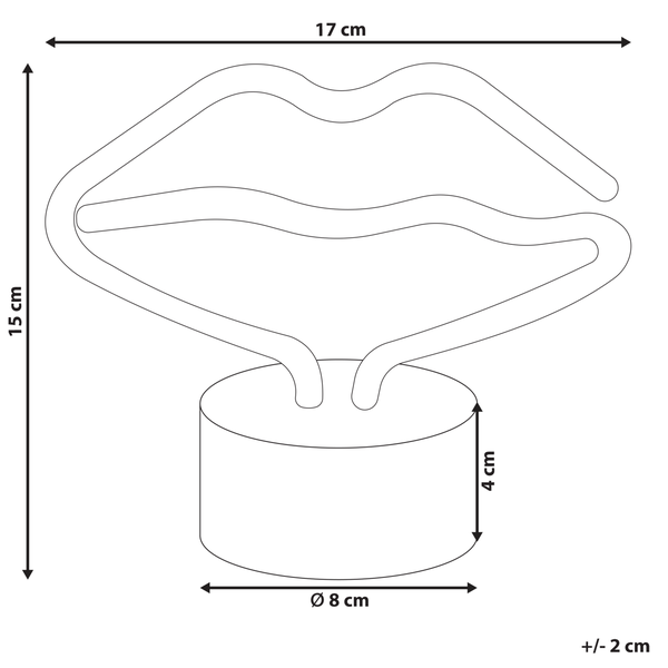Maßskizze einer Tischleuchte in Lippenform, Breite 17 Zentimeter, Höhe 15 Zentimeter, Standfuß Durchmesser 8 Zentimeter, Höhe 4 Zentimeter.