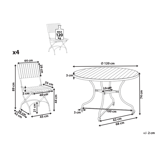 Technische Zeichnung eines Gartenmöbel-Sets mit rundem Tisch und vier Stühlen inklusive detaillierter Maßangaben in Zentimeter.
