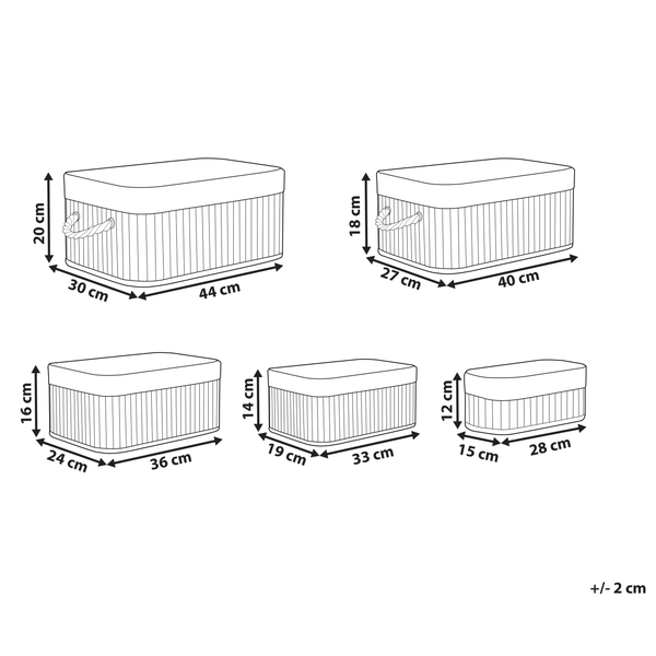 Abbildung verschiedener Aufbewahrungsboxen mit Größenangaben