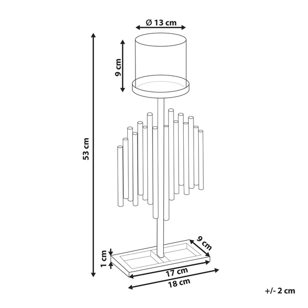 Abmessungen eines Kerzenständers mit verschiedenen Rohren in unterschiedlicher Höhe