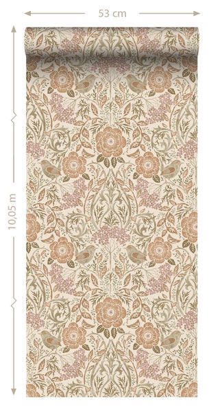 ESTAhome Tapete Blumen und Vögel im Jugendstil Sandbraun, Beige und Altrosa - 53 cm x 10.05 m - 139566