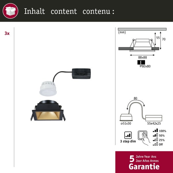 LED Einbauleuchte 3-Step-Dim Cole Coin 3er-Set IP44 eckig 88x88mm Coin 3x6W 3x470lm 230V dimmbar 2700K Schwarz, Gold matt