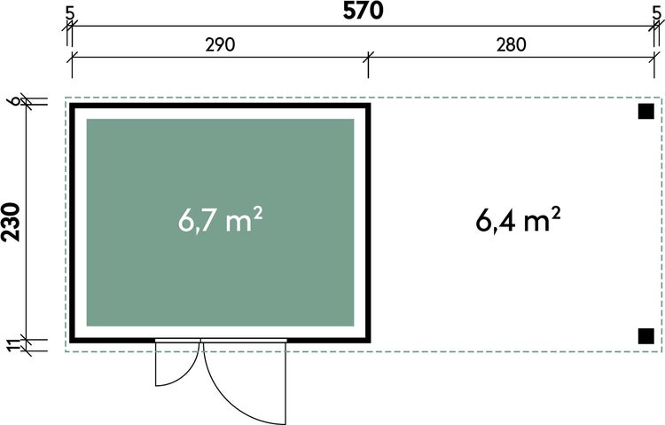 Maßzeichnung eines Gartenhauses mit Terrasse und Gesamtmaßen von 570 mal 230 Zentimetern sowie Flächenangaben von 6,7 und 6,4 Quadratmetern.