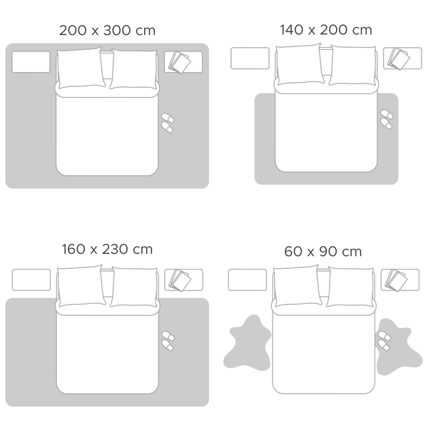 Größenberatung für Schlafzimmerteppiche: 200 mal 300, 140 mal 200, 160 mal 230 und 60 mal 90 Zentimeter.