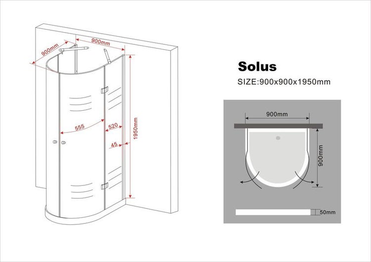 Technische Zeichnung einer Solus Duschkabine mit den Maßen 900x900x1950 Millimeter.