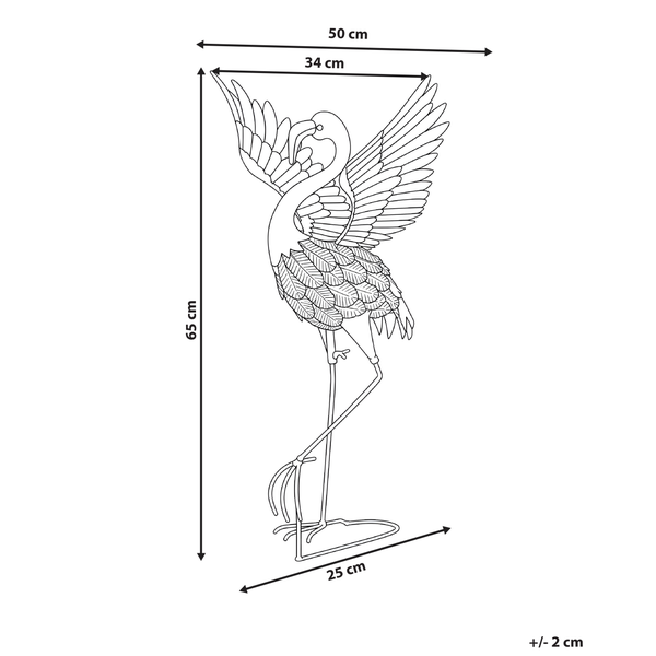 Maßskizze Flamingo-Gartenfigur: Höhe 65 Zentimeter, Breite 50 Zentimeter, Tiefe 25 Zentimeter, Abweichung plus minus 2 Zentimeter.