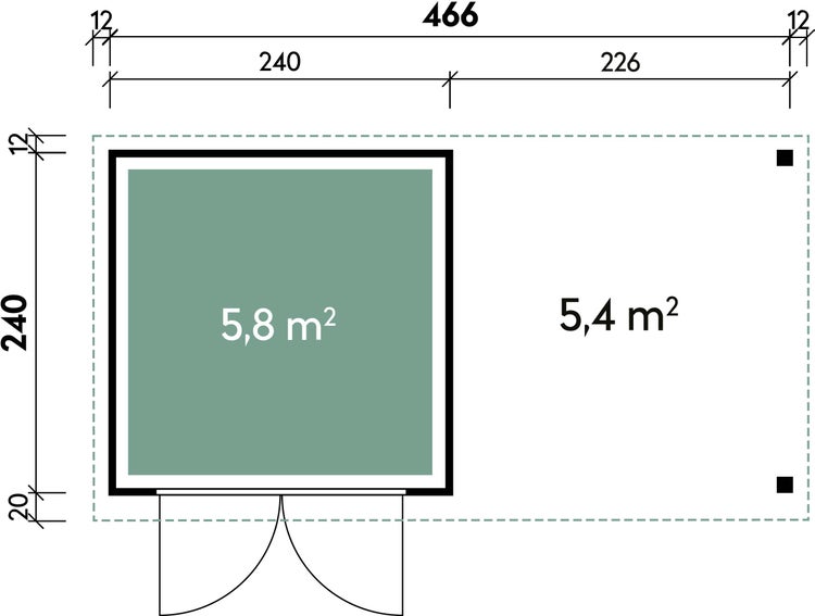 Grundriss einer Gartenhaus Konstruktion mit den Maßen 466 mal 240 Zentimeter inklusive Innenbereich und Terrassenfläche