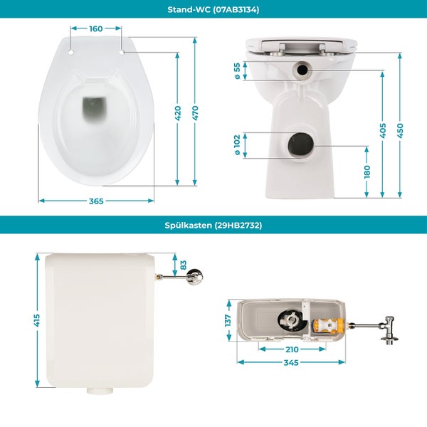 Calmwaters® Spülrandloses Stand WC mit 7 cm Erhöhung im Set mit WC Sitz mit Absenkautomatik und Spülkasten, 99000187