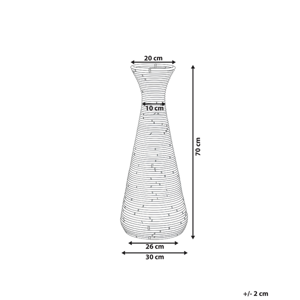Skizze der hohen Vase mit Maßen: Höhe 70 Zentimeter, Durchmesser oben 20 Zentimeter, Hals 10 Zentimeter, Durchmesser unten 30 Zentimeter.
