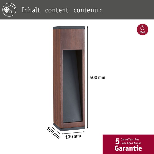 Pollerleuchte Trabia IP44 eckig 400mm 3000K 3,5W 230lm 230V 38° Holz GU10 Holz