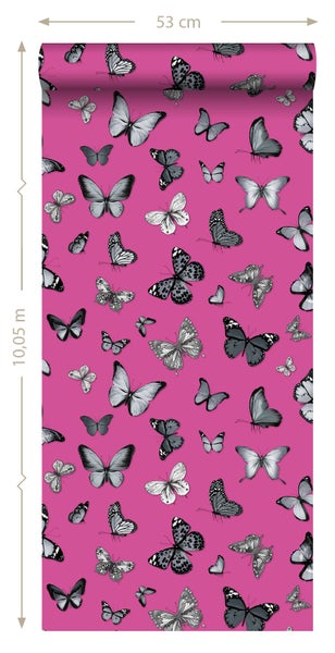 ESTAhome Tapete Schmetterlinge Schwarz und Rosa - 53 cm x 10.05 m - 138511