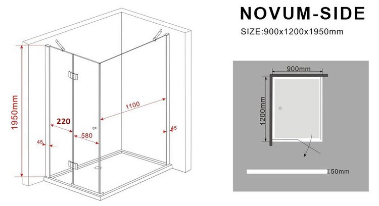 Technische Zeichnung einer Novum-Side Duschkabine mit Abmessungen