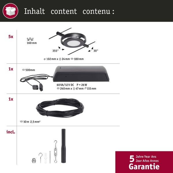 CorDuo LED Seilsystem RoundMac Basisset 5x200lm 5x4,5W 3000K 230/12V Schwarz matt, Chrom