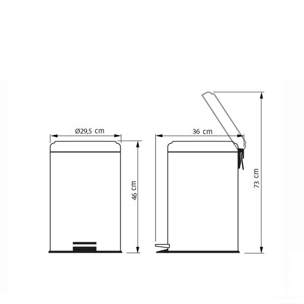 Maße eines Treteimers mit einem Durchmesser von 29,5 cm und einer Höhe von 46 cm im geschlossenen Zustand und einer Höhe von 73 cm im geöffneten Zustand.