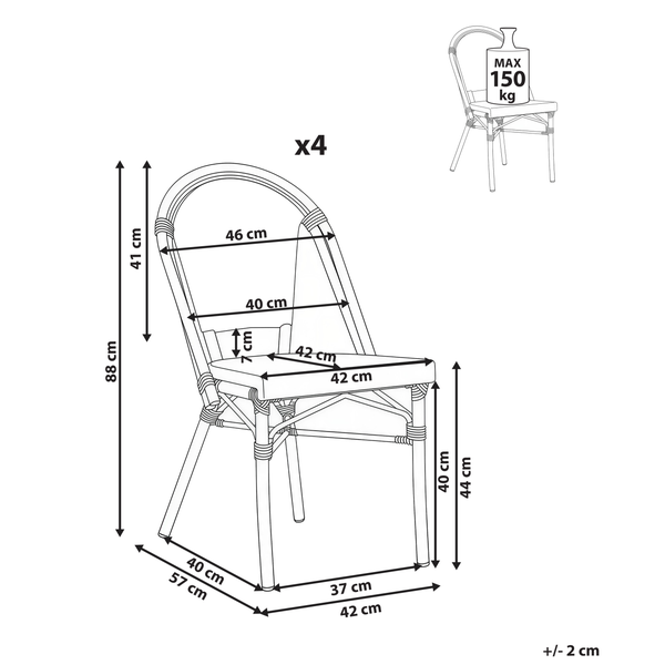 Maßzeichnung eines 4er-Sets Bistrostühle: Gesamthöhe 88 Zentimeter, Sitzhöhe 44 Zentimeter, Sitzfläche 42 mal 42 Zentimeter. Belastbar bis 150 Kilogramm.