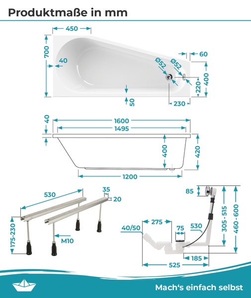 Technische Zeichnung einer asymmetrischen Badewanne mit Abmessungen in Millimeter, Wannenfüßen und Ablaufgarnitur.
