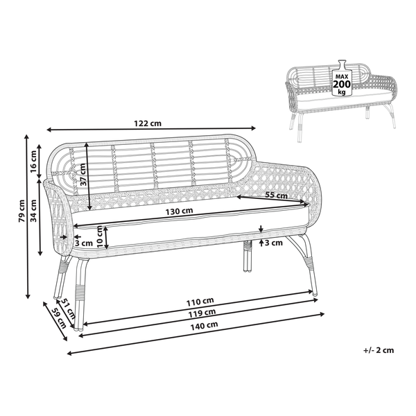 Gartenbank mit Auflage PRATELLO 122 cm Polyrattan Naturfarben