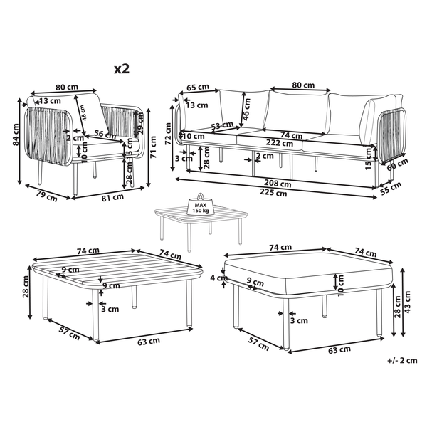 Maße einer Loungegruppe mit zwei Sesseln, Sofa und zwei Tischen