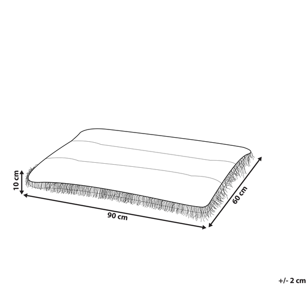 Maßskizze eines Kissens mit den Abmessungen 90 Zentimeter mal 60 Zentimeter mal 10 Zentimeter, Toleranz plus minus 2 Zentimeter.