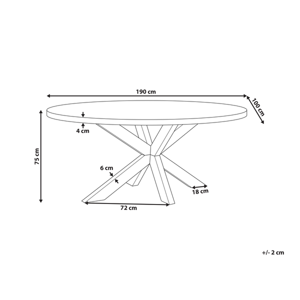 Technische Zeichnung eines runden Tisches mit den Maßen 190 mal 100 Zentimeter.