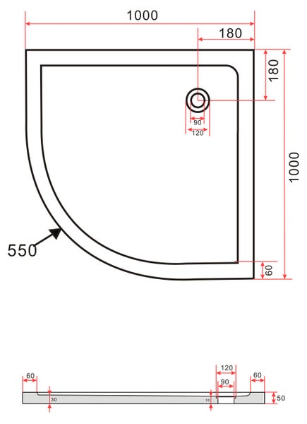 Technische Zeichnung einer Duschwanne mit Maßangaben