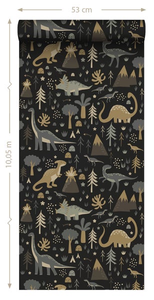 ESTAhome Tapete Dinosaurier Graublau, Braun und Schwarz - 50 x 900 cm - 139803