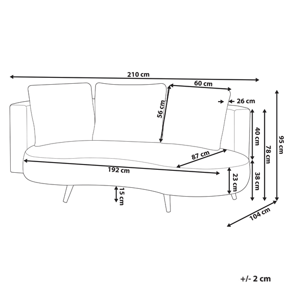 Abmessungen des Sofas: Länge 210 cm, Tiefe 104 cm, Höhe 95 cm