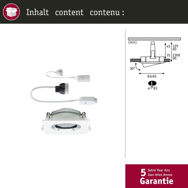Einbauleuchte Nova Plus schwenkbar IP65 eckig 93x93mm 30° GU5,3 / GU10 max. 35W 230/12V dimmbar Weiß matt, Chrom