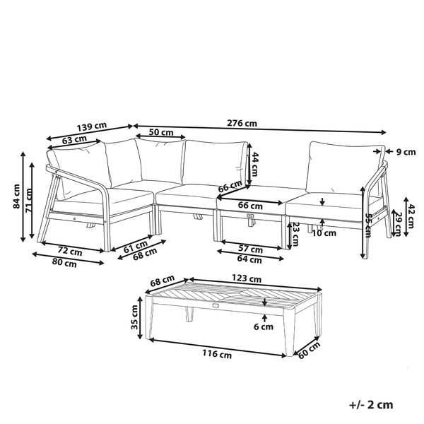 Maßzeichnung eines Ecksofas mit passendem Couchtisch für den Garten mit allen Abmessungen in Zentimetern zur Veranschaulichung der Produktgröße.