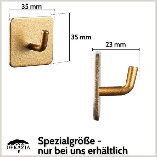 Quadratischer Klebehaken aus Metall mit Maßen 35 mal 35 mal 23 Millimeter und Dekazia Logo