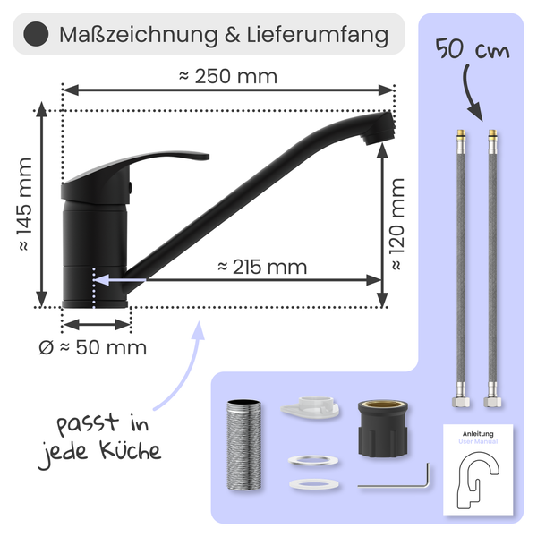 Maßzeichnung und Lieferumfang einer Küchenarmatur mit den Maßen 250 mm Breite, 145 mm Höhe, 215 mm Ausladung, 50 mm Durchmesser und 120 mm Schlauchlänge.